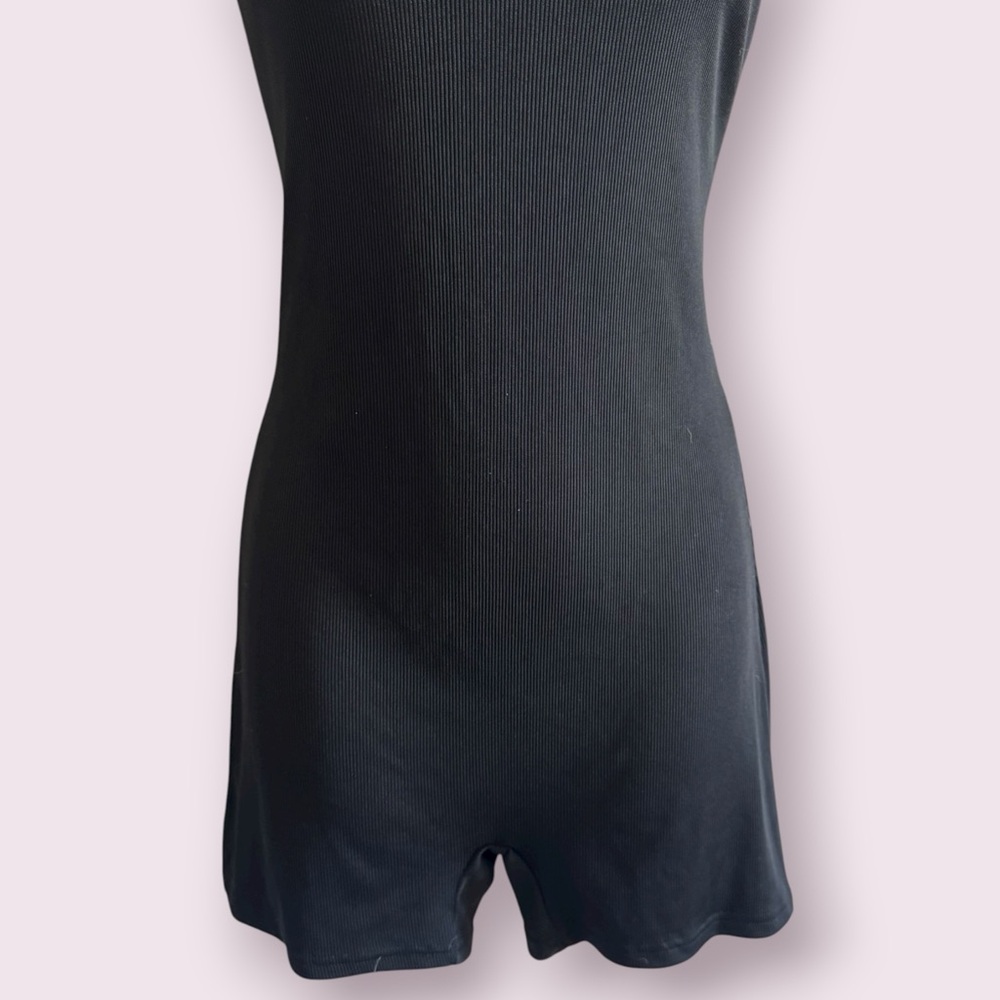 Black Ribbed Tank Romper Square Neck Stretch One Piece Size L - Picture 5 of 5